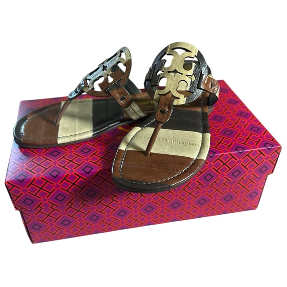 Tory Burch Miller Eel Leather Neutral Stripe Sandal - Picture 2 of 6